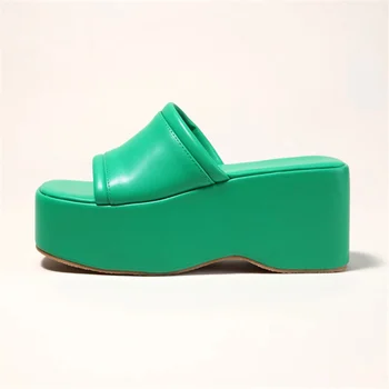 Femei Vara 8.5 cm Toc 5,5 cm Creșterea Platforma Lolita Papuci Doamna Tocuri Indesata Diapozitive Verde Portocaliu Club de noapte Pantofi