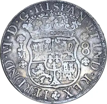 Peru 8 Reales Fernando VI 1753 LM J cupru si nichel Placat cu Argint Copia Monede de Înaltă Calitate