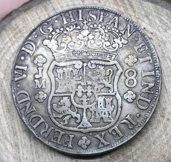 Peru 8 Reales Fernando VI 1753 LM J cupru si nichel Placat cu Argint Copia Monede de Înaltă Calitate 1