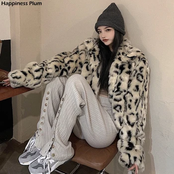 Moda Leopard Scurtă de Blană Sacou Femei 2021 Primăvară Ține de Cald Faux Blana Haina de Femeie coreean Guler de Turn-down Plus Coats