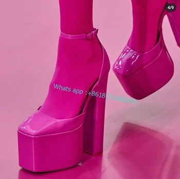 2022 Moda De Lux Fuchsia Square Toe Sandale Sexy Femei Se Încadrează Bloc Roz Cu Toc Sandale De Doamnelor Cataramă Pantofi Platforma