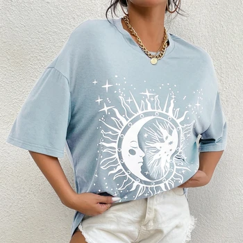 Femei Vara Maneca Scurta, O-Neck T-Shirt Harajuku Epocă Sun Moon Grafice Imprimate Supradimensionate Liber Tunica Topuri Casual Amuzant Tee