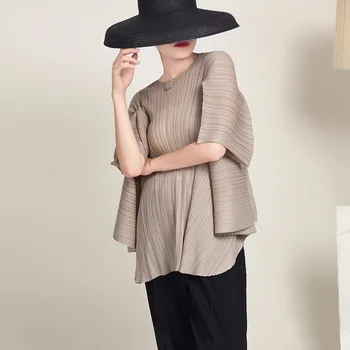 Design sentiment de nișă top T-shirt femei Miyake stil pliat neregulate liber de mari dimensiuni pulover casual