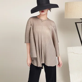 Design sentiment de nișă top T-shirt femei Miyake stil pliat neregulate liber de mari dimensiuni pulover casual 3