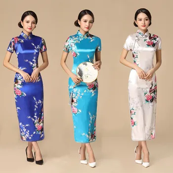 Floral&Păun Femei Rochie Tradițională Chineză Epocă Mandarin Guler Qipao Supradimensionat Lung Subțire Cheongsam 3XL 4XL 5XL 6XL