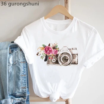 Femei T-Shirt, atunci Când Viața Devine Neclară Drepți Concentrarea Camera Grafic de Imprimare Tricou Femme Flori Roz Tricou Femei Topuri