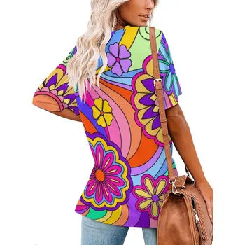 Flori Colorate De Putere Tricou Vintage Hippy, Vintage Supradimensionate T-Shirt Scurt Maneca V Gat Street Style Tricouri Femei Haine