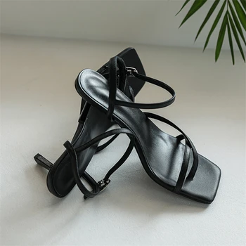Meotina Pantofi Femei Piele Naturala Sandale Cu Toc Subtire Sandale Tocuri Inalte Catarama Deget De La Picior Pătrat Doamnelor Încălțăminte De Vară Bej Negru 39