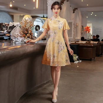 Chineză Tradițională Cheongsam Femei Vara Îmbunătățit Stilul de Tineri Naționale Stil Floral Brodate cu Maneci Scurte Rochie Qipao